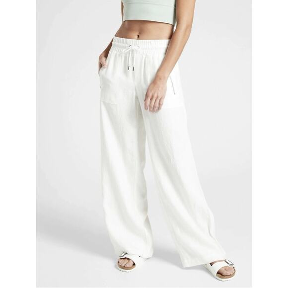 Athleta Cabo Linen Wide Leg Pants Womens 18 White Calla Lily Zipper Pockets - Picture 1 of 13